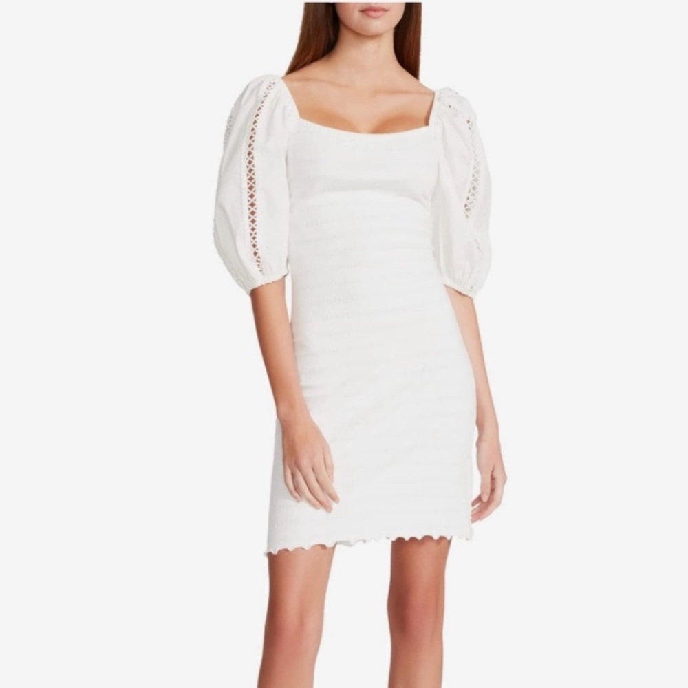 NWOT BETSEY JOHNSON WHITE SMOCKED PUFF SLEEVES BODYCON MINI DRESS SIZE S - Picture 13 of 13